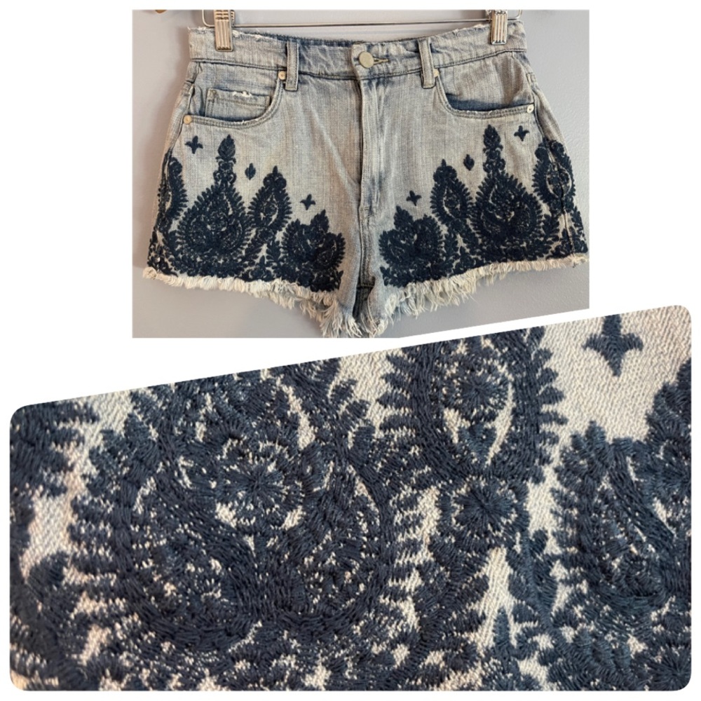 BLANKNYC Light Blue Distressed Navy Blue Embroidered Denim Wedge Shorts …